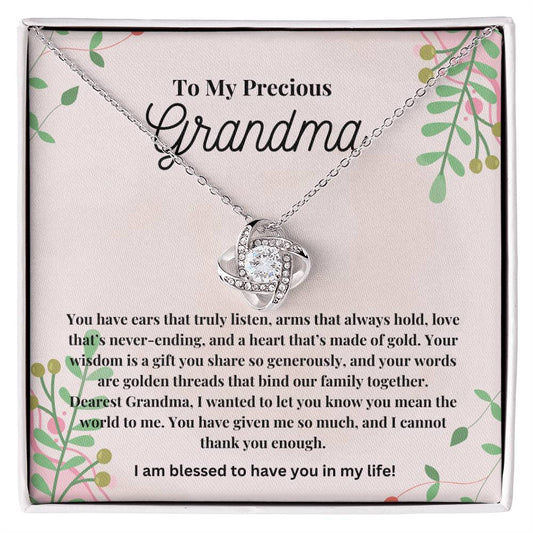 To My Precious Grandma: The Perfect Gift For Your Grandma. Birthday, Holiday, Or Just Because. Elegant Love Knot Necklace  with a Heartfelt Message